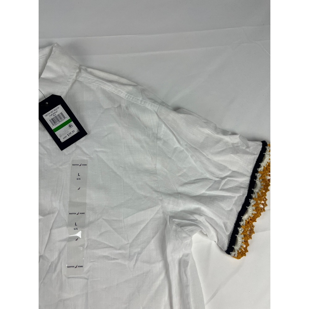 Nautica Jeans Womens White‎ Crochet Trim Short Sleeve Button Down Shirt L